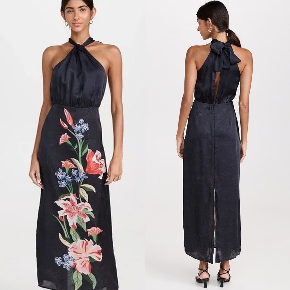 Chufy Nika Maxi Dress Grey/Blue Floral Flowers Halter Slit S Flowy Anthropologie